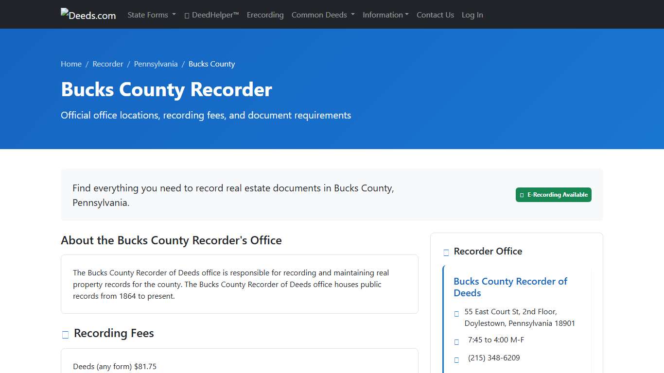 Bucks County Recorder Information, Pennsylvania - Deeds.com